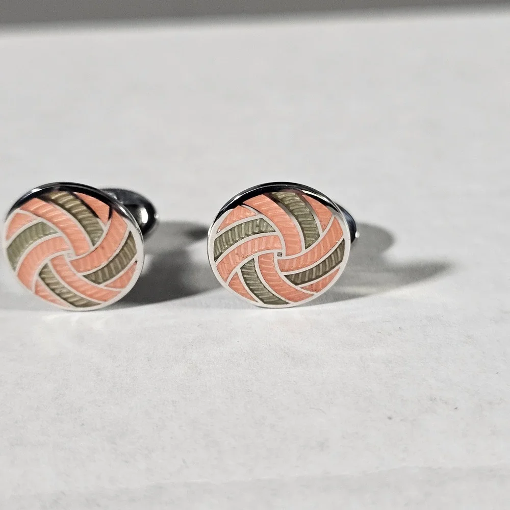 Jan Leslie Cufflinks Mens OS Silver Coral Green Enamel Swirl Sterling Silver 925